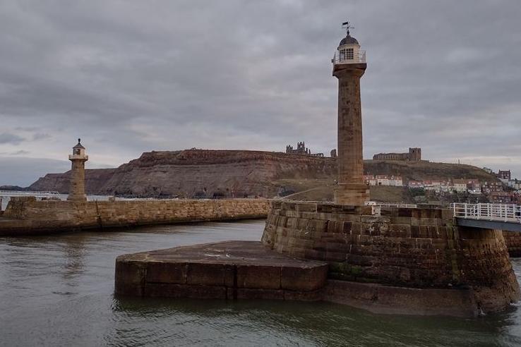 Whitby's east pier and west pier lighthouses.