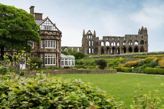 The Whitby YHA gardens, complete with view of Whitby Abbey.