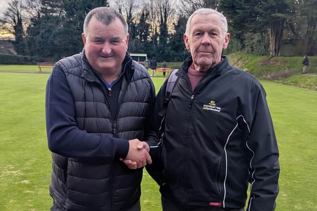 Whitby's Geoff Watson, left, battled back to earn Robin Hood’s Bay Over-60s crown green bowls merit win