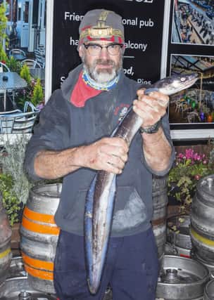Danny Middlemas with his 3lb 5oz conger eel in his Heaviest Bag of Fish of the WSAA League season so far on Sunday. PHOTO BY PETER HORBURY