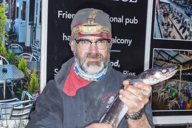Danny Middlemas with his 3lb 5oz conger eel in his Heaviest Bag of Fish of the WSAA League season so far on Sunday. PHOTO BY PETER HORBURY