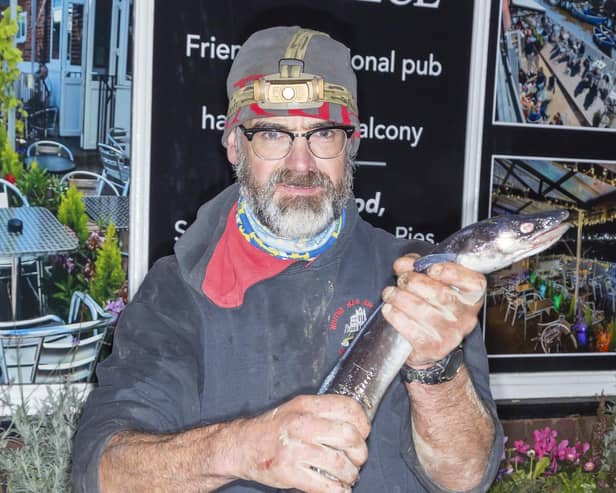 Danny Middlemas with his 3lb 5oz conger eel in his Heaviest Bag of Fish of the WSAA League season so far on Sunday. PHOTO BY PETER HORBURY