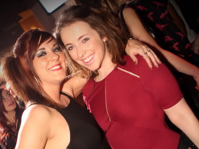 Friends Gemma and Emma having a great night in the Barbican.