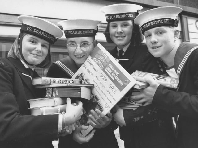 Scarborough Sea Cadets, from left, Natalie Cooper, Matthew Bedford, Tracy Mills and Chris Leng, prepared to open their book shop on St Thomas Street back in August, 1993.
