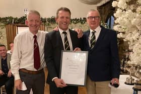 Whitby RUFC President Daryl Grason (who indicted Graham into the Hall of Fame), Whitby CC Chairman Tim Richardson and Graham Hall.