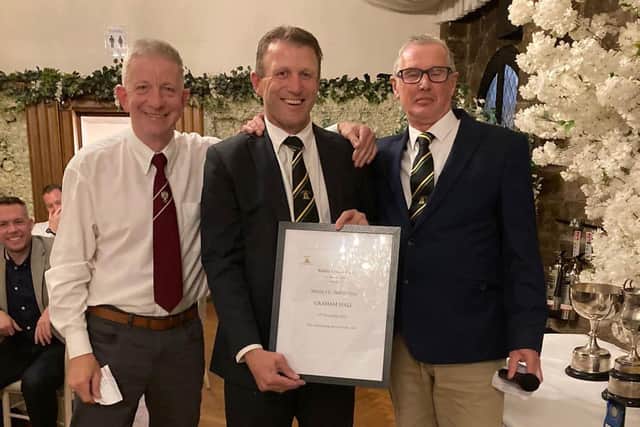 Whitby RUFC President Daryl Grason (who indicted Graham into the Hall of Fame), Whitby CC Chairman Tim Richardson and Graham Hall.