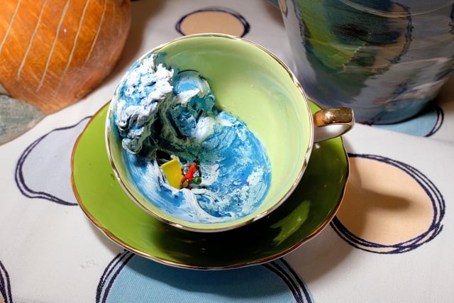 Simon Doughty, a set designer, has tea-cup sculptures for sale. Called Storm in a Teacup 1 and 2, they feature vintage miniature figures in resin surf