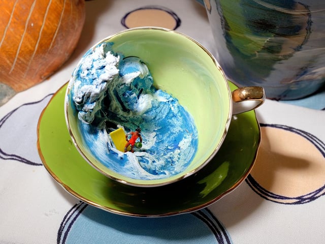 Simon Doughty, a set designer, has tea-cup sculptures for sale. Called Storm in a Teacup 1 and 2, they feature vintage miniature figures in resin surf