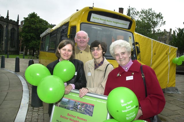 Seen infront of the Neighbourhood Commission Information bus in 2003 were L to R Coun Julie Dore, Dennis Macdonald, Arbouthorne Pioneer Forum,  Barbara Hunter, Landsdowne Tenants and Residents association and  Mrs L McCall, Leverton Tenants and Residents Association