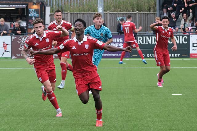 Boro's Mo Fadera celebrates one of his two goals v Southport. Photo by Richard Ponter