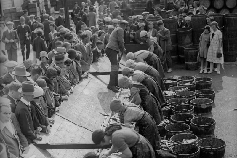 3rd September 1930:  Fishergirls at work in Scarborough.