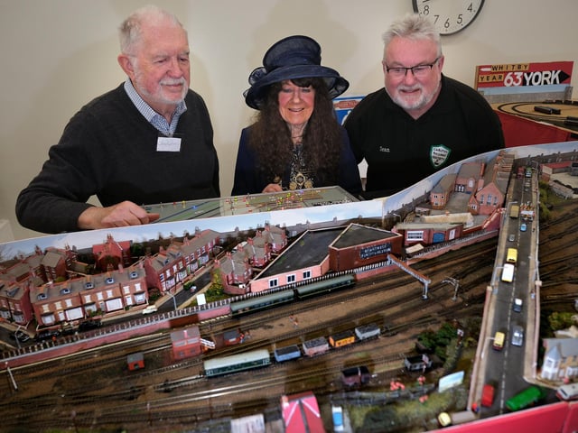 Charter Mayor Janet Jefferson at the railway exhibition with Chris Martin and Sean Taylor