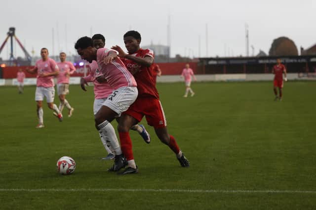 Destiny Nnenanya pressures the backline. Pic: Ewan Cameron