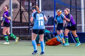 Bronwyn Hodgson (far left) scores Danby's goal against Darlington 2s on Saturday in the 1-1 draw. PHOTOS BY BRIAN MURFIELD