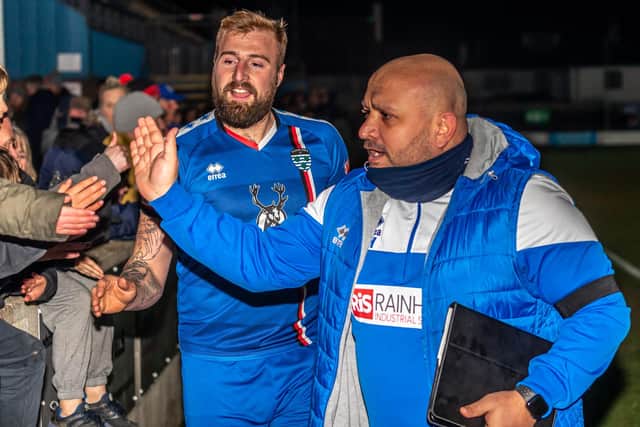 Jake Day and Blues boss Nathan Haslam thank the Town fans