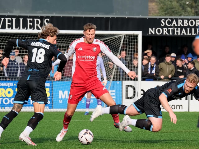 Striker Richie Bennett in action for Scarborough Athletic in a superb 3-1 home FA Cup win against Chester.