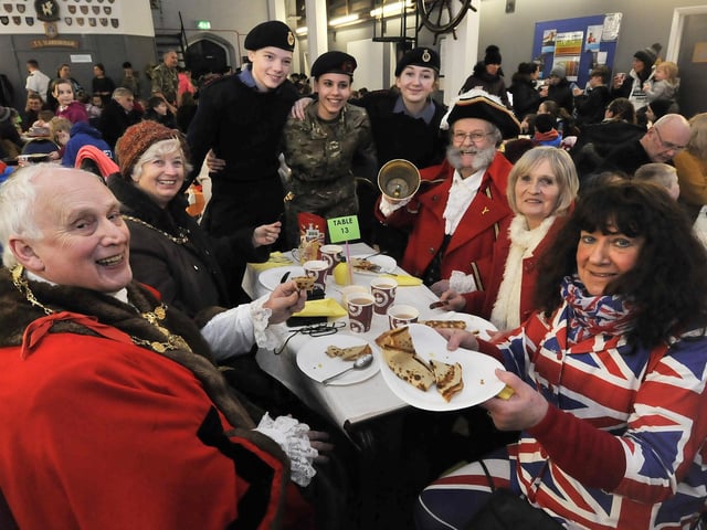 Mayor Martin Smith pays a visit to see the Sea cadets and sample a tasty pancake along with Mayoress Cherry Smith. With guests Town Crier David Birdsall ,Veronica Dickinson and Janet Jefferson.