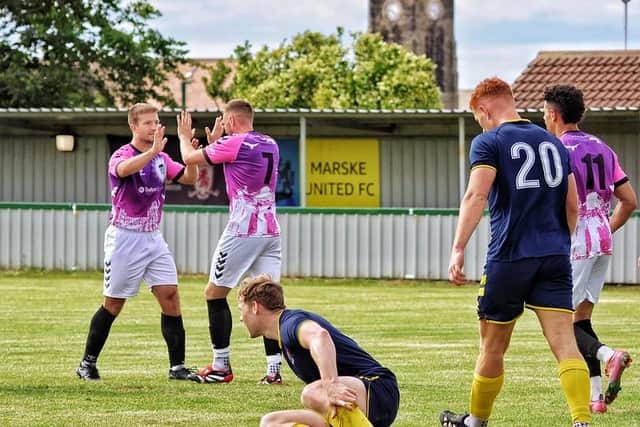 Whitby celebrate during their convincing win over Marske. Pic: Adrian Cole