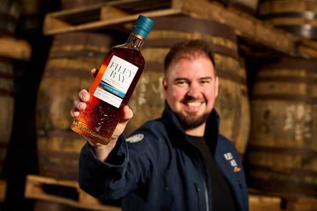 Joe Clark with Filey Bay Single Cask whisky for independent retailers. Credit: David Lindsay.