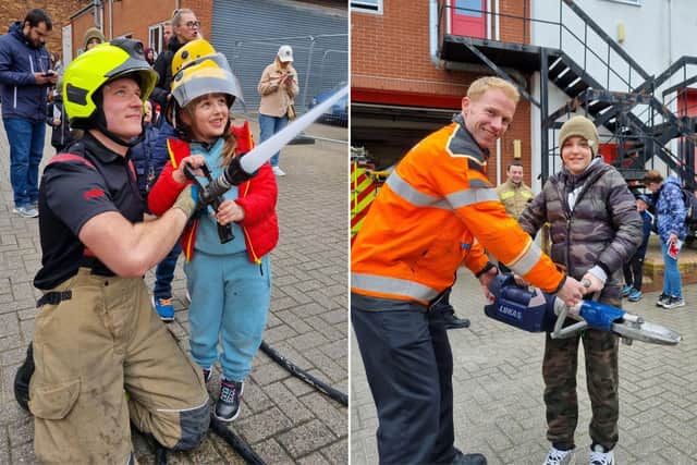 Ukrainian families have a go at being a firefighter in Scarborough. (Photo: Scarborough Fire Station)