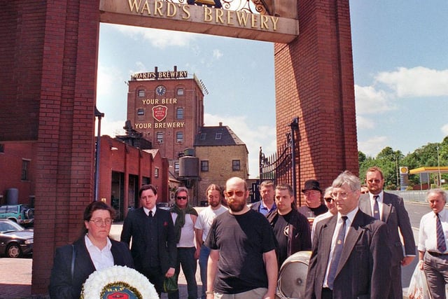 Secretary Linda Hutton and other members of the Sheffield and District branch of CAMRA walking to the gates of Ward's Brewery on Ecclesall Road, Sheffield to lay a wreath on  June 17, 1999