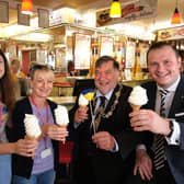 Mayor Eric Broadbent with Rotary Club president George Roberts and visit organisers Dariia Riabokin and Alisa Kaskova pic: Richard Ponter