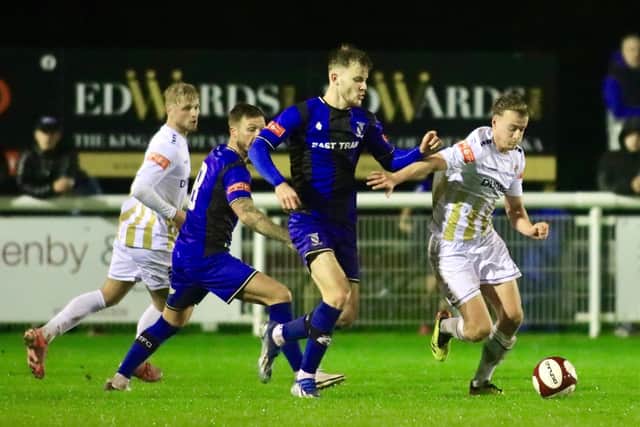 Charlie Winfield in action for Brid Town during the loss at Cleethorpes. PHOTO BY TCF PHOTOGRAPHY