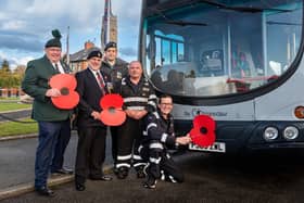 Coastliner and York Country buses are being adorned with poppies to support the annual Poppy Appeal, as the nation prepares to remember the fallen. 
Pictured from left are: Terry Wood, President, Royal British Legion; veterans Brian Whittaker and John Mainland; and Transdev engineers Patrick Mclaughlin and Stephen Buckley.