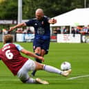 Boro striker Frank Mulhern looks to evade South Shields' Martin Smith.