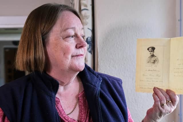 Wendy Simms , with some of the 1st World War items belonging to her Great Uncle George Henry Kaye. Image: ©Tony Bartholomew/Turnstone Media&PR