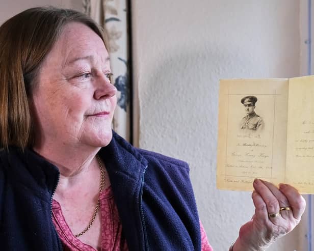 Wendy Simms , with some of the 1st World War items belonging to her Great Uncle George Henry Kaye. Image: ©Tony Bartholomew/Turnstone Media&PR