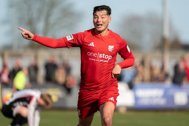 Ste Walker celebrates scoring the winning goal for Boro at home to Spennymoor on Easter Monday. Photo: Wandering Photography