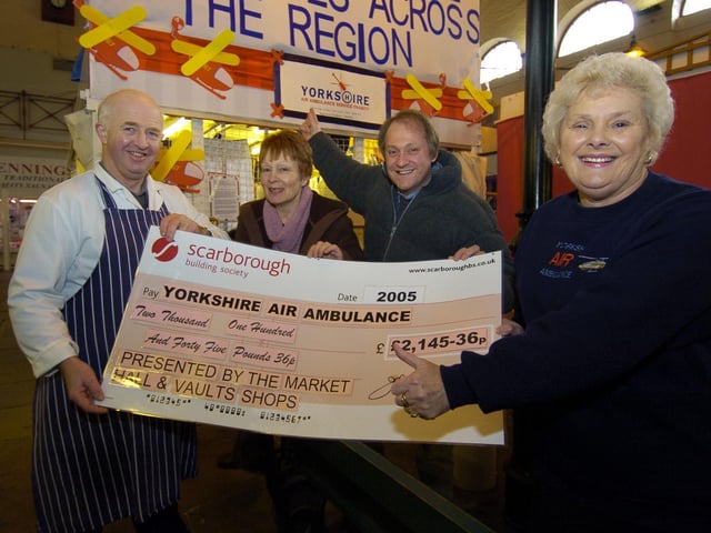Traders in Scarborough Market Hall and Market Vaults raise over £2,100 for the Yorkshire Air Ambulance charity. From left, market butcher Ken Jennings, traders Jean Hartley, and Stephen Blackie, with fundraiser and trader Jean Dixon.