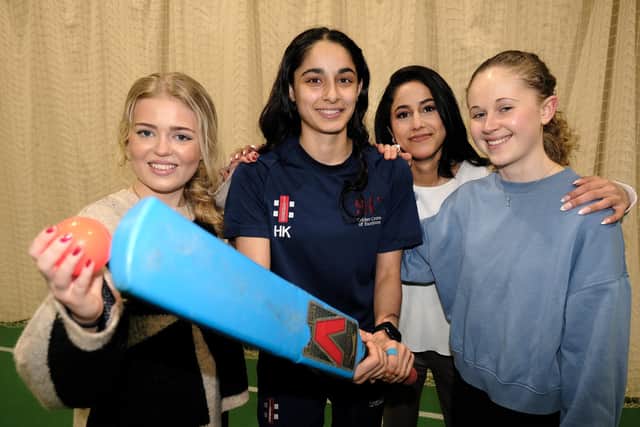 Swedish students meet one of Scarborough College's cricket stars Hana Khan (centre).