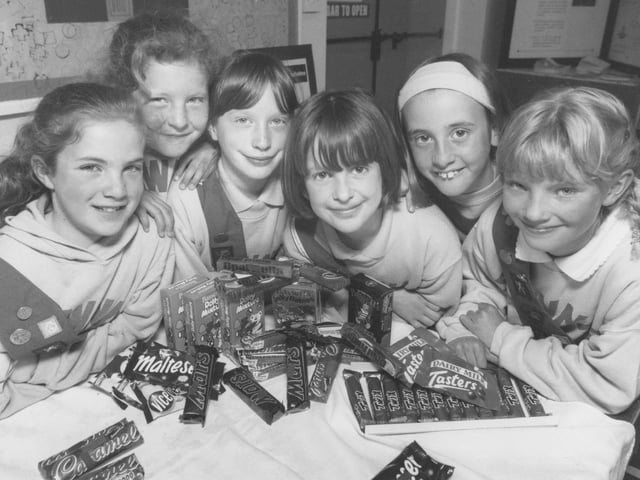 Getting set to raise some funds with their sweet stall in May, 1996, were the 24th Scarborough Brownies, from left, Polly Harford, Sarah Tibbett, Laura Haldenby, Laura Harper, Natasha Johnson, and Charlotte Rank.