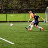 Ted Edwards hits Edgehill's final goal in the 5-0 home win against Linthorpe in the NRCFA Saturday Challenge Cup. PHOTO: ALEC COULSON