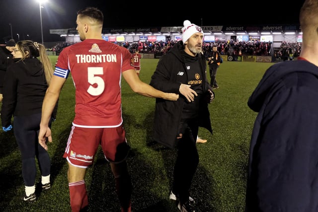 Boro skipper Will Thornton and manager Jono Greening after the final whistle of their cup loss to Forest Green.