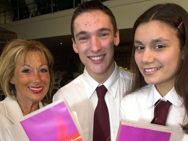 Russell Morton and Jodie Adams, both 17, from Hall Cross School, pictured at the launch of their video at Oasis Leisure, Doncaster, with Gill Rosenberg of Doncaster Chamber.