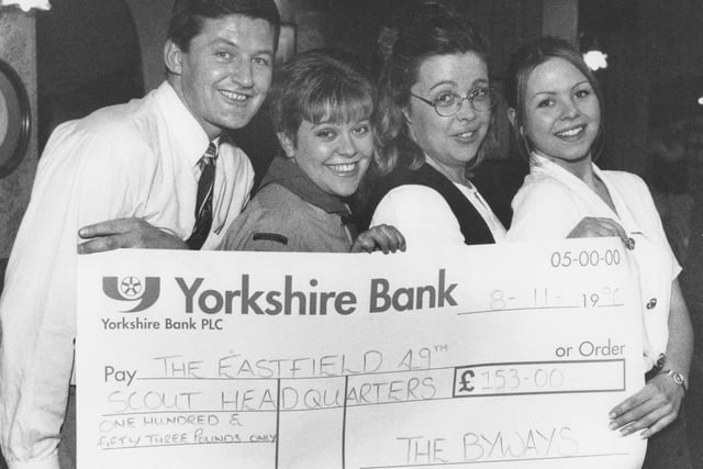 In November 1996 The Byways pub handed over a cheque for £153 to Eastfield Scouts leader Heather Walker. Pictured, left to right, pub manager Noel O'Shea, Beaver Leader Heather Walker, and pub staff Tracey Wood and Sally Briggs.