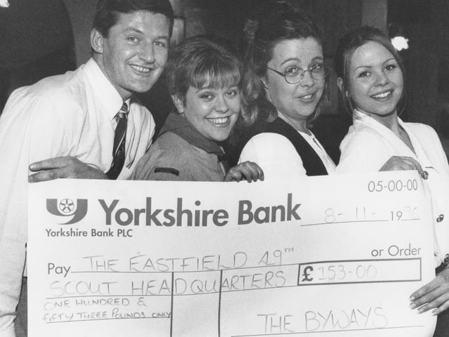 In November 1996 The Byways pub handed over a cheque for £153 to Eastfield Scouts leader Heather Walker. Pictured, left to right, pub manager Noel O'Shea, Beaver Leader Heather Walker, and pub staff Tracey Wood and Sally Briggs.