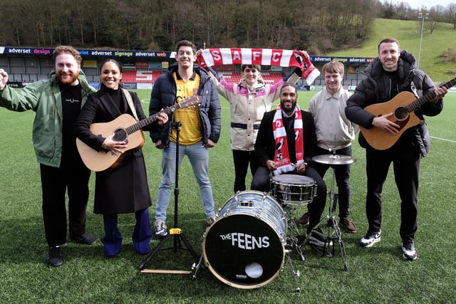 BBC Football Focus presenters Alex Scott, Ashley Williams and Glenn Murray team up with Scarborough band The Feens.