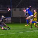 Jerome Greaves makes it 2-0 to Whitby Town against Bamber Bridge on Saturday. PHOTO BY BRIAN MURFIELD
