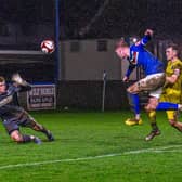 Jerome Greaves makes it 2-0 to Whitby Town against Bamber Bridge on Saturday. PHOTO BY BRIAN MURFIELD