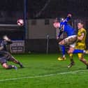 Jerome Greaves makes it 2-0 to Whitby Town against Bamber Bridge on Saturday. PHOTO BY BRIAN MURFIELD