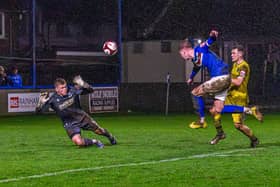 Jerome Greaves makes it 2-0 to Whitby Town against Bamber Bridge on Saturday. PHOTO BY BRIAN MURFIELD