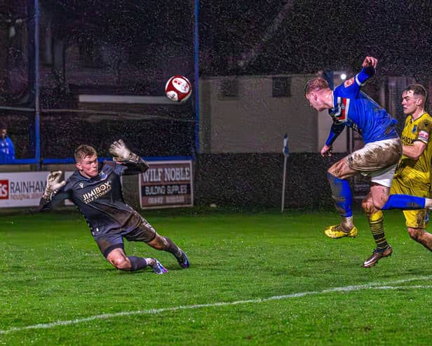 Jerome Greaves makes it 2-0 to Whitby Town against Bamber Bridge on Saturday. PHOTO BY BRIAN MURFIELD
