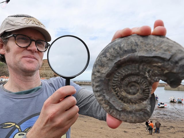 Liam Herringshaw studies fossils at one of the displays. photo: Richard Ponter