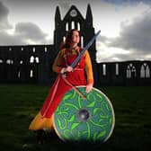 Viking Lady Kate Vigurs pictured at Whitby Abbey.