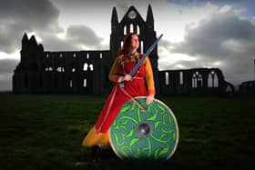 Viking Lady Kate Vigurs pictured at Whitby Abbey.