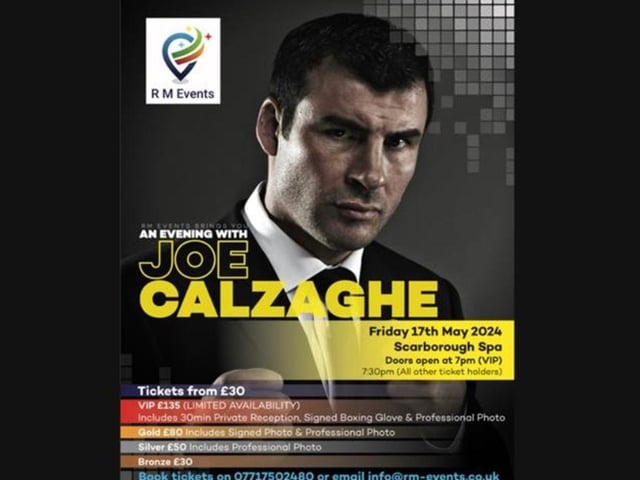 Discover Yorkshire Coast will take place on Scarborough Spa on May 17. R M Events are delighted to welcome the longest-reigning super-middleweight world champion in boxing history Joe Calzaghe to Scarborough Spa. On the night you will be able to listen to Joe’s stories of his amazing boxing career as both super-middleweight and light-heavyweight champion. This is a fantastic opportunity for British boxing fans to enjoy an evening in the company of Joe a true undefeated king of the sport. The night will be hosted by well known Jed Stone, who will ensure the guests have a great night throughout. The evening will consist of a sit down interview with Joe Calzaghe, your chance to ask questions, games to win some sporting memorabilia and an interval raffle and auction.